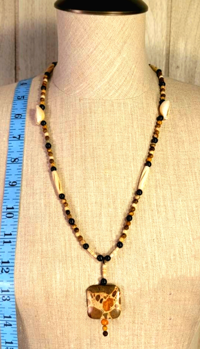 Safari Jasper Drop Bead: Garnet, Jasper, Bone, Shell & Seed. Creating an earthly balanced necklace.