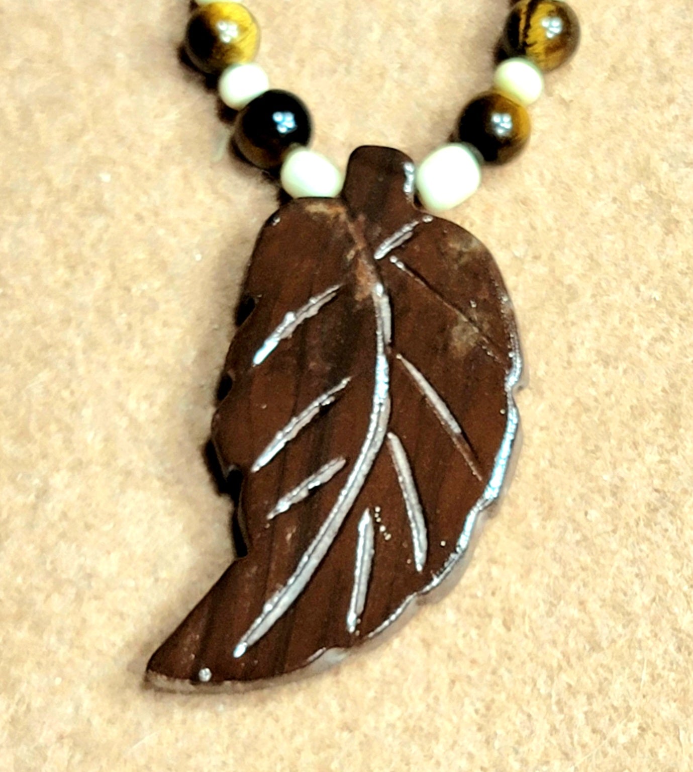 Agate Leaf Pendant: Tiger Eye & Bone