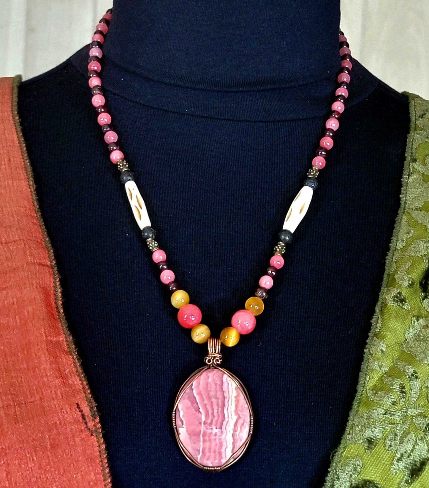 Rhodochrosite Cabochon: Yellow Tiger Eye, Rose Quarts, Garnet, Lava & Bone