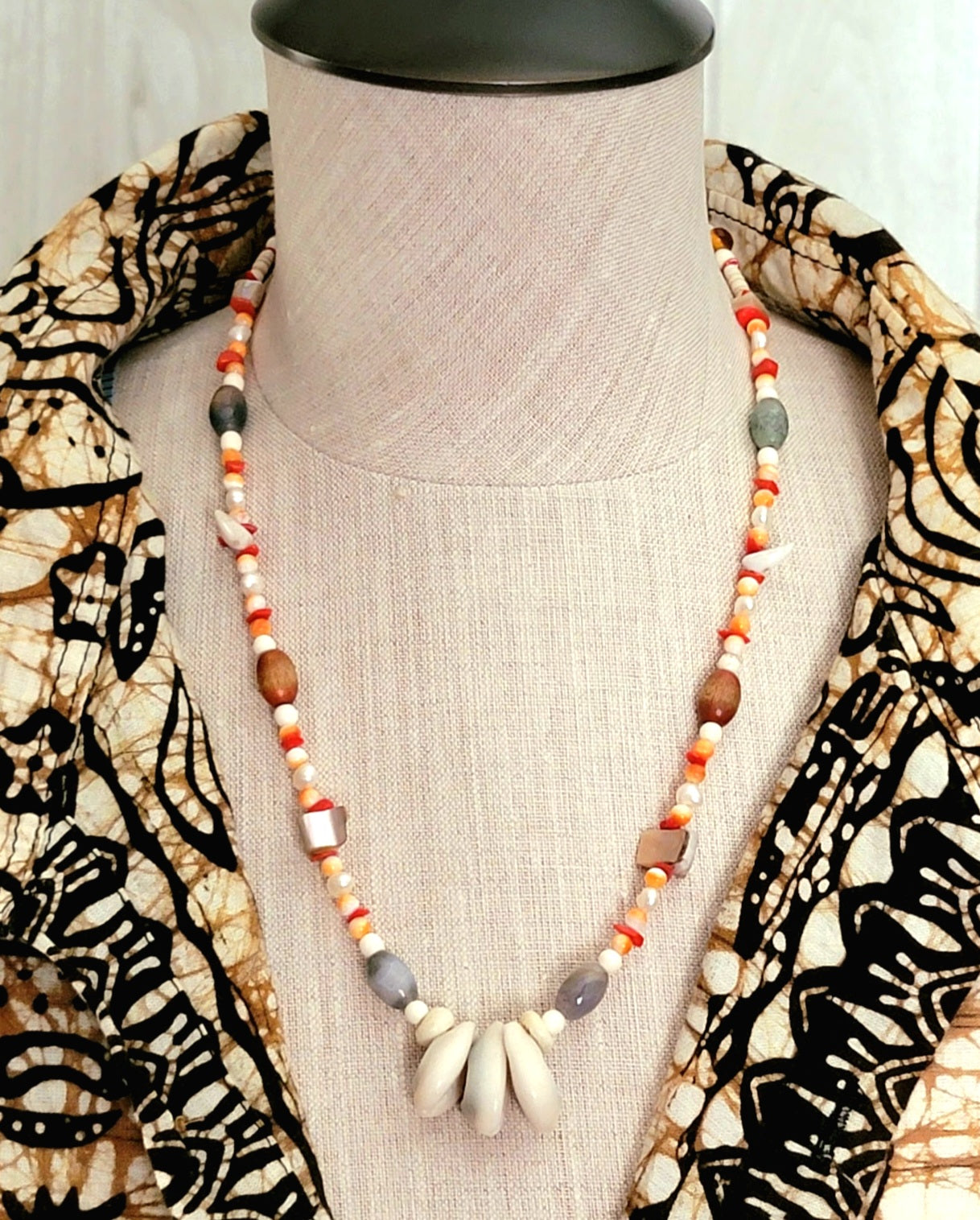 3 Shell Necklace: Abalone, Agate, Oyster Shell, Bone, Coral & Pearl