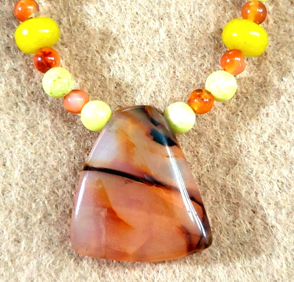 Indus Valley Carnelian Pendant: Yellow Turquoise & Olive Opal