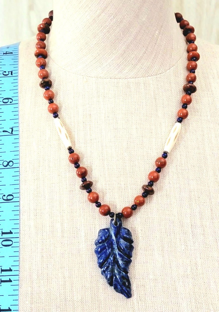 Lapis Leaf Pendant: Red Tiger Eye, Red Jasper, Azurite & Bone
