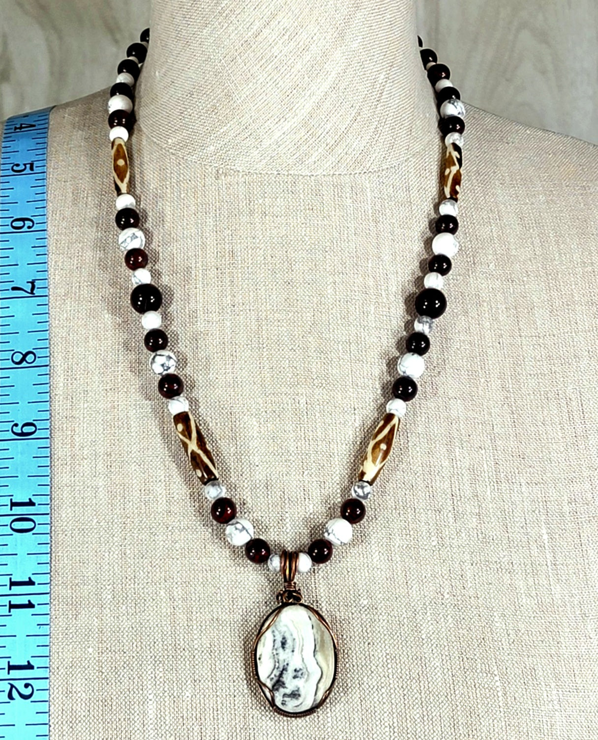 Silver Lace Onyx Pendant: Howlite, Bloodstone, Red Tiger Eye, Bone & Seed