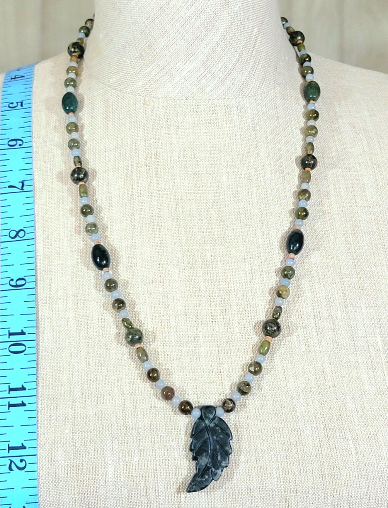 Agate Leaf Pendant: Grossular Garnet, Unakite, Angelite, Jasper & Reed