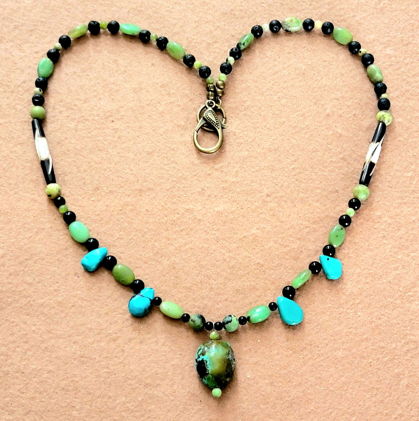 Turquoise Bead:  Black Tourmaline, Chrysoprase, Lava & Bone