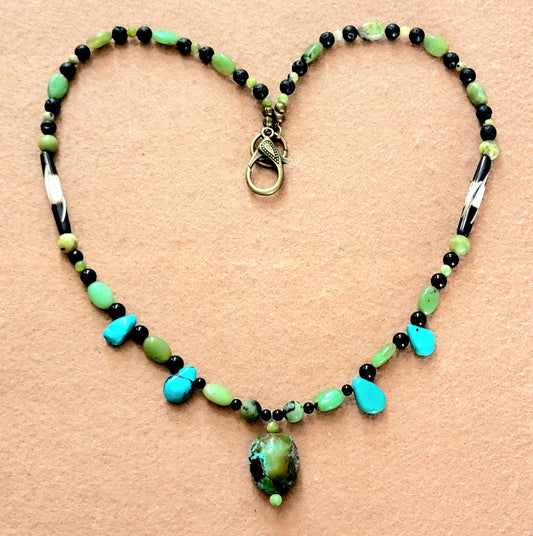 Turquoise Bead:  Black Tourmaline, Chrysoprase, Lava & Bone