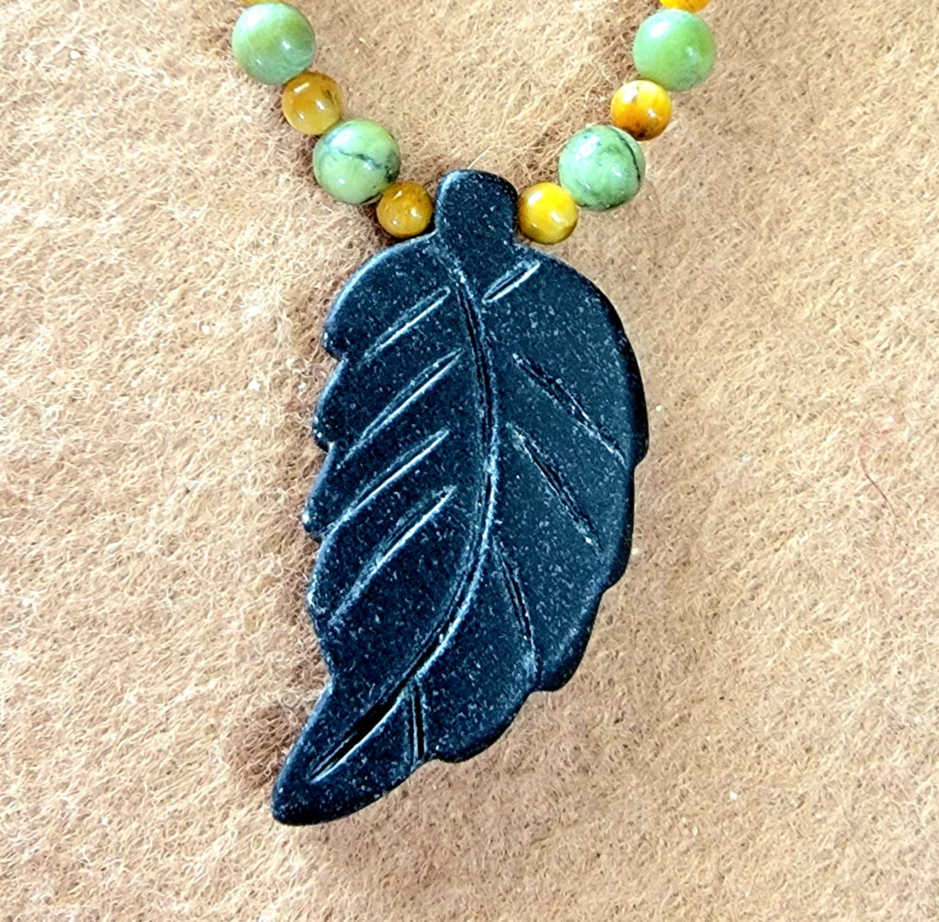 Agate Leaf Pendant: Kambaba Jasper, Yellow Tiger Eye,        & Jade