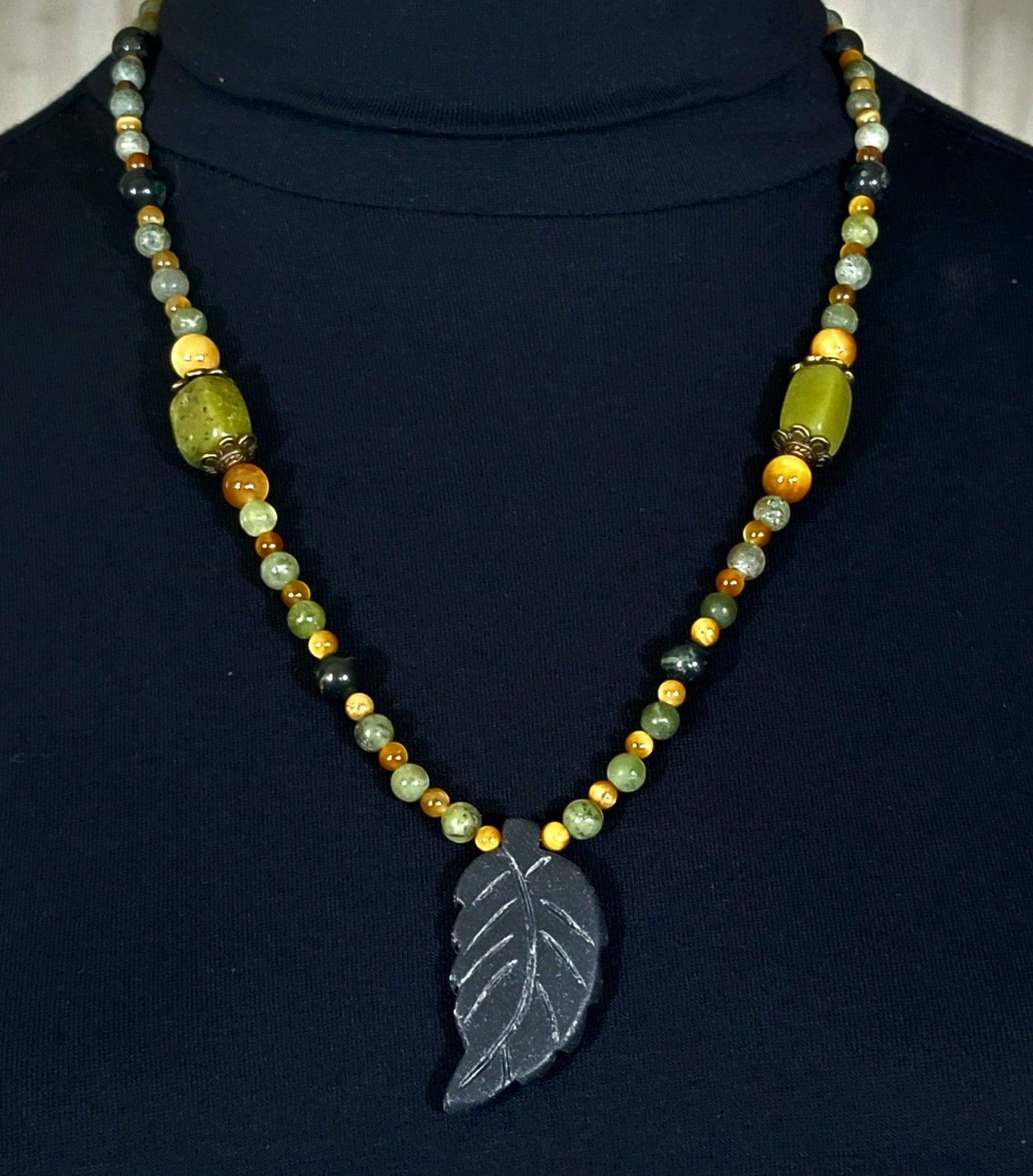 Agate Leaf Pendant: Kambaba Jasper, Yellow Tiger Eye,        & Jade