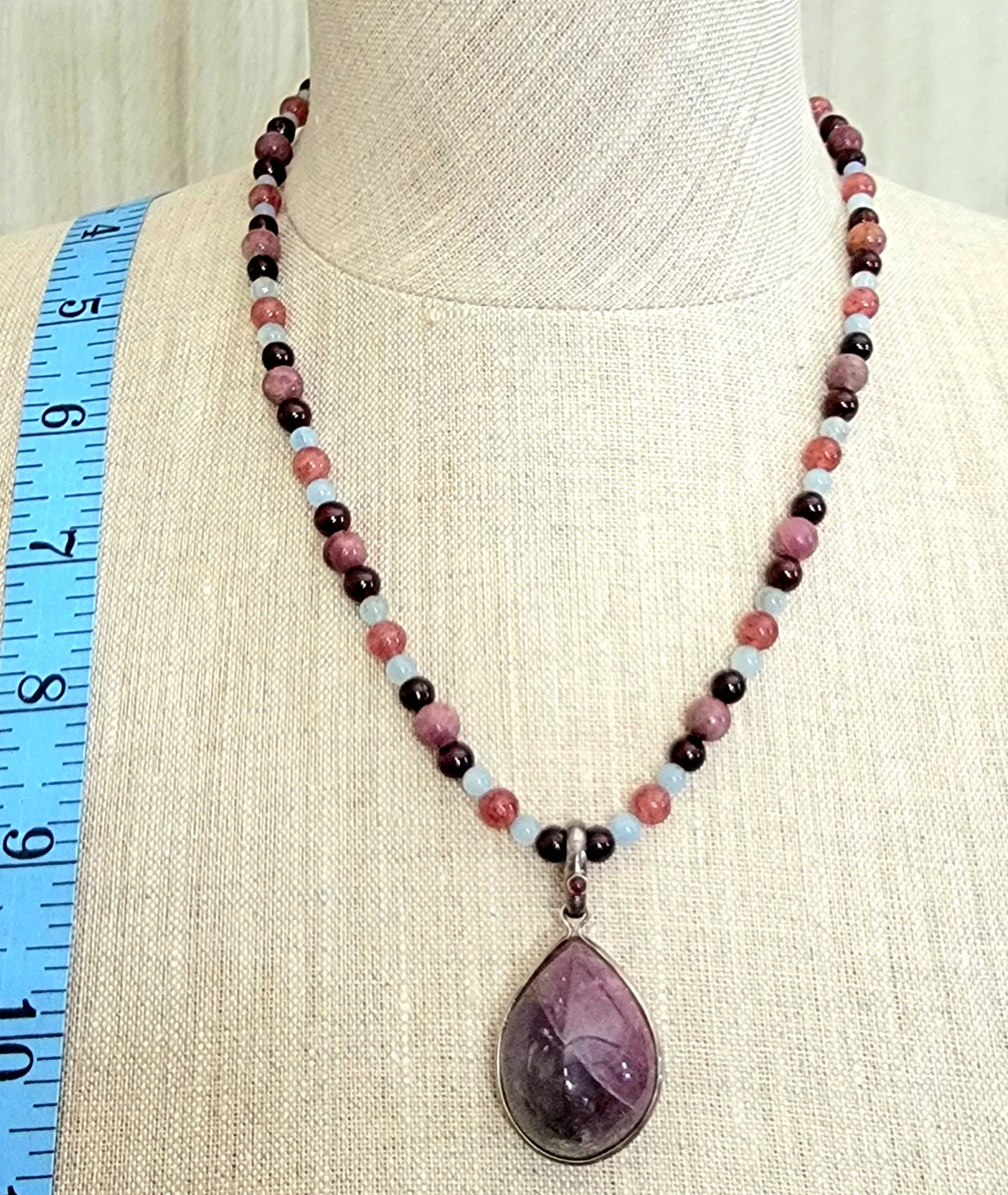 Bi Color Tourmaline Pendant: Garnet, Aquamarine Angelite Tourmaline & Rhodolite.