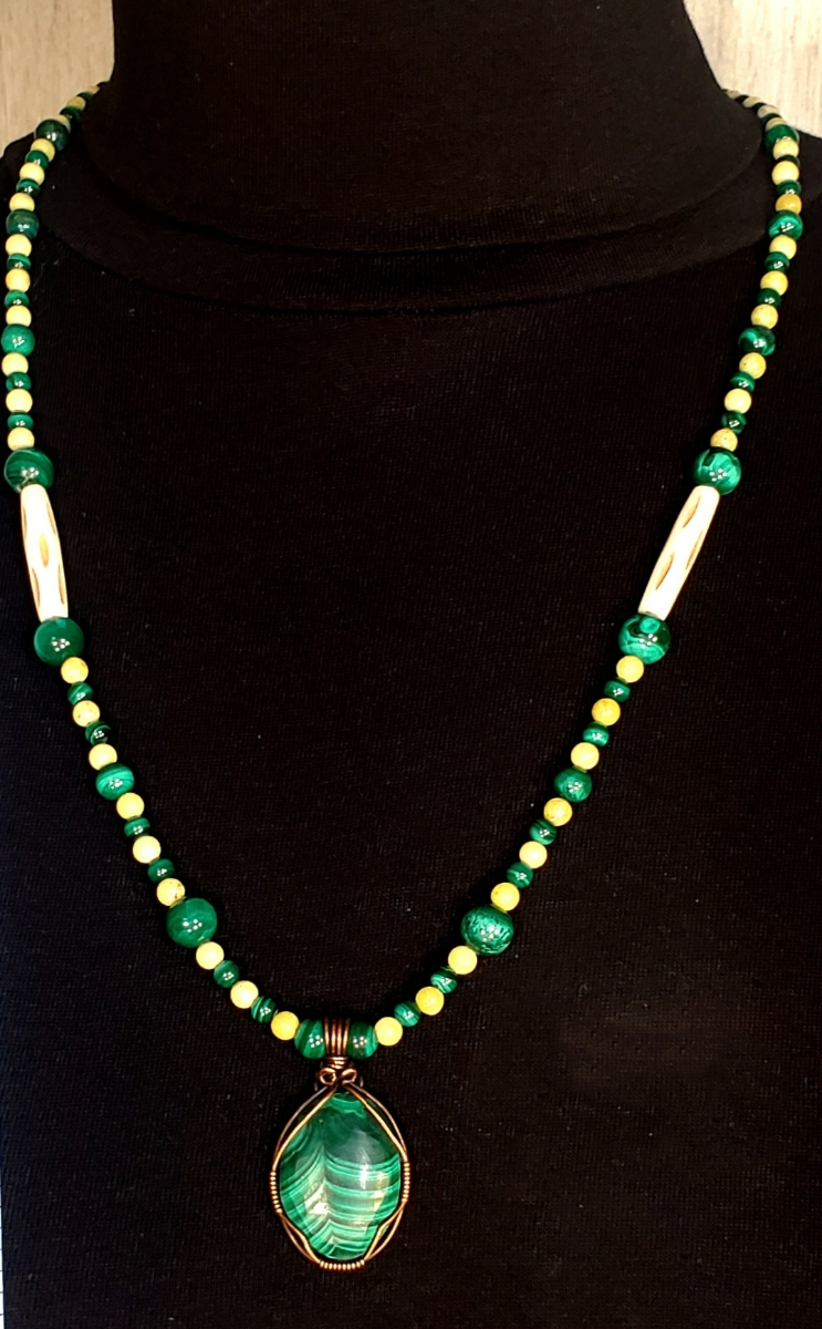 Malachite Cabochon: Yellow Turquoise, Malachite & Bone