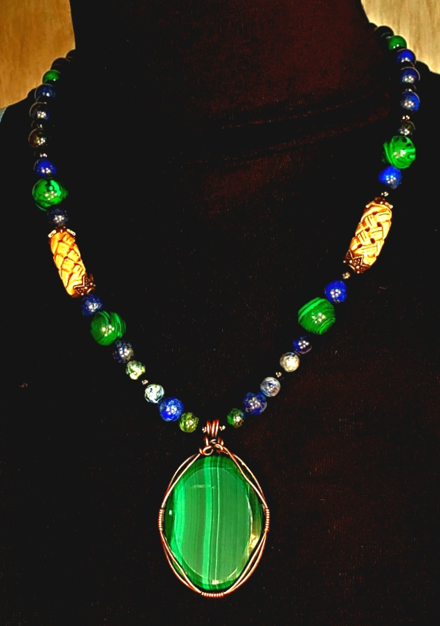 Malachite Cabochon: Black Tourmaline, Lapis & Lava