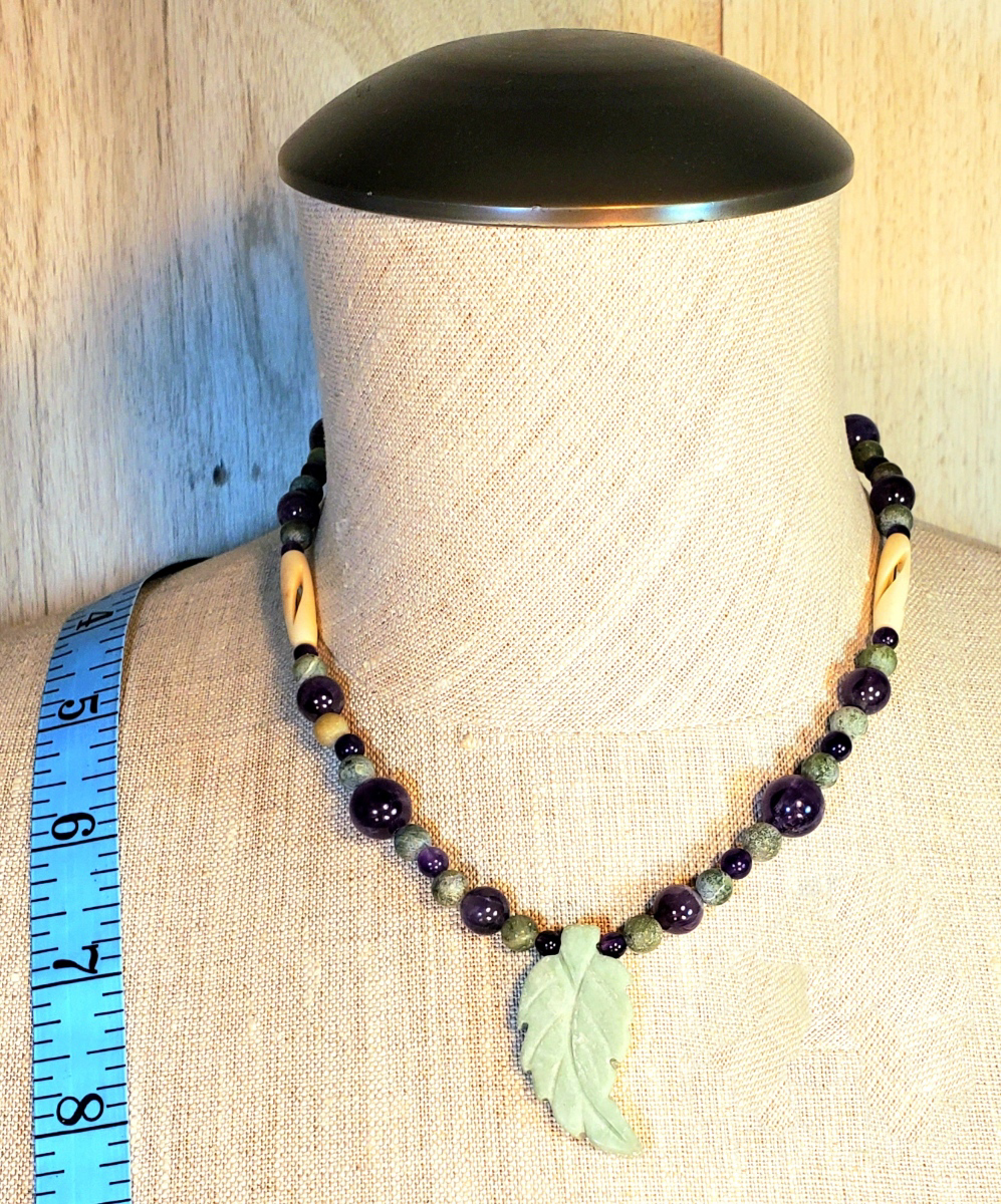 Agate Leaf Pendant: Amethyst, Jade & Bone