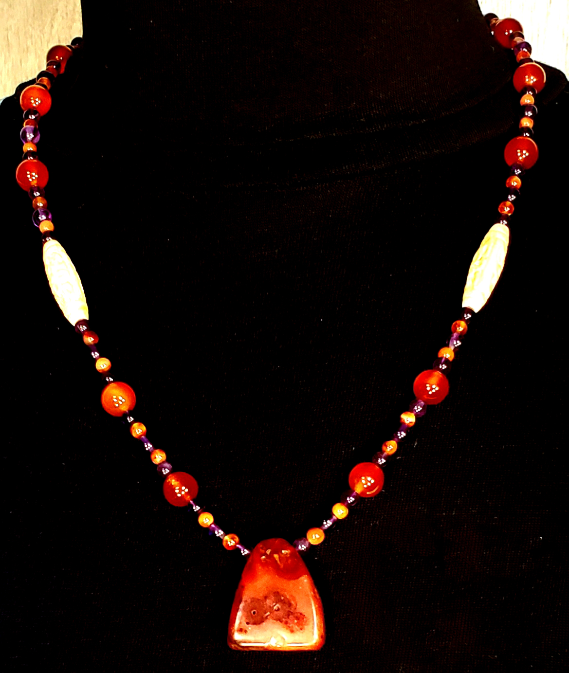 Indus Valley Carnelian Pendant: Amethyst, Bone & Carnelian
