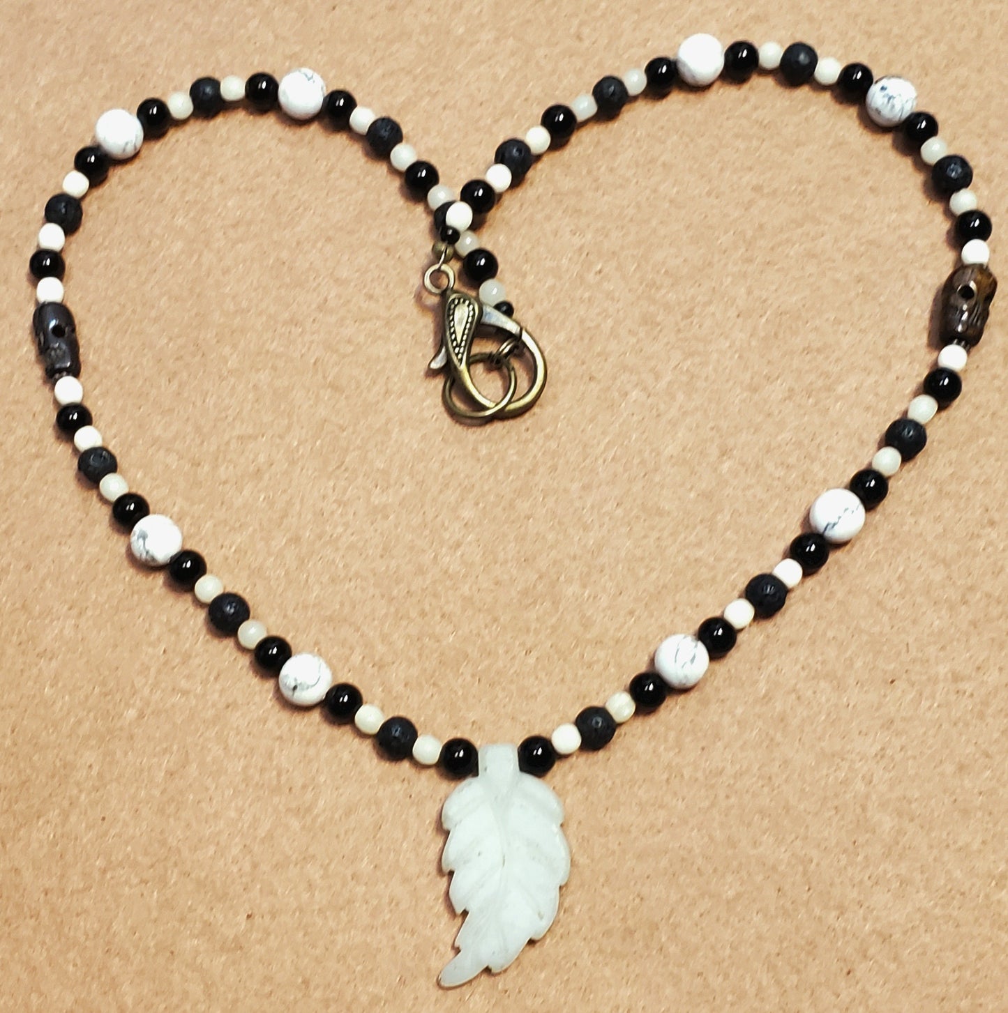 Agate Leaf Pendant: Black Tourmaline, Howlite, Bone & Lava