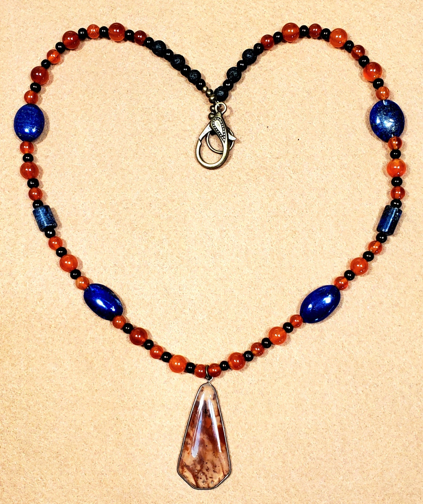 Fire Agate Pendant:  Lapis, Carnelian & Lava