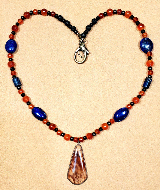 Fire Agate Pendant:  Lapis, Carnelian & Lava