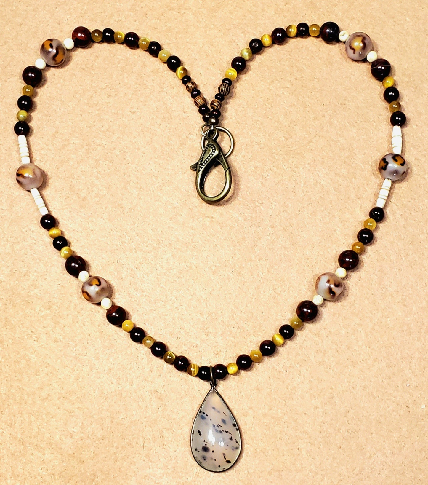 Moss Agate Cabochon: Yellow Tiger Eye, Garnet, Leopard Quartz Bone & Seed