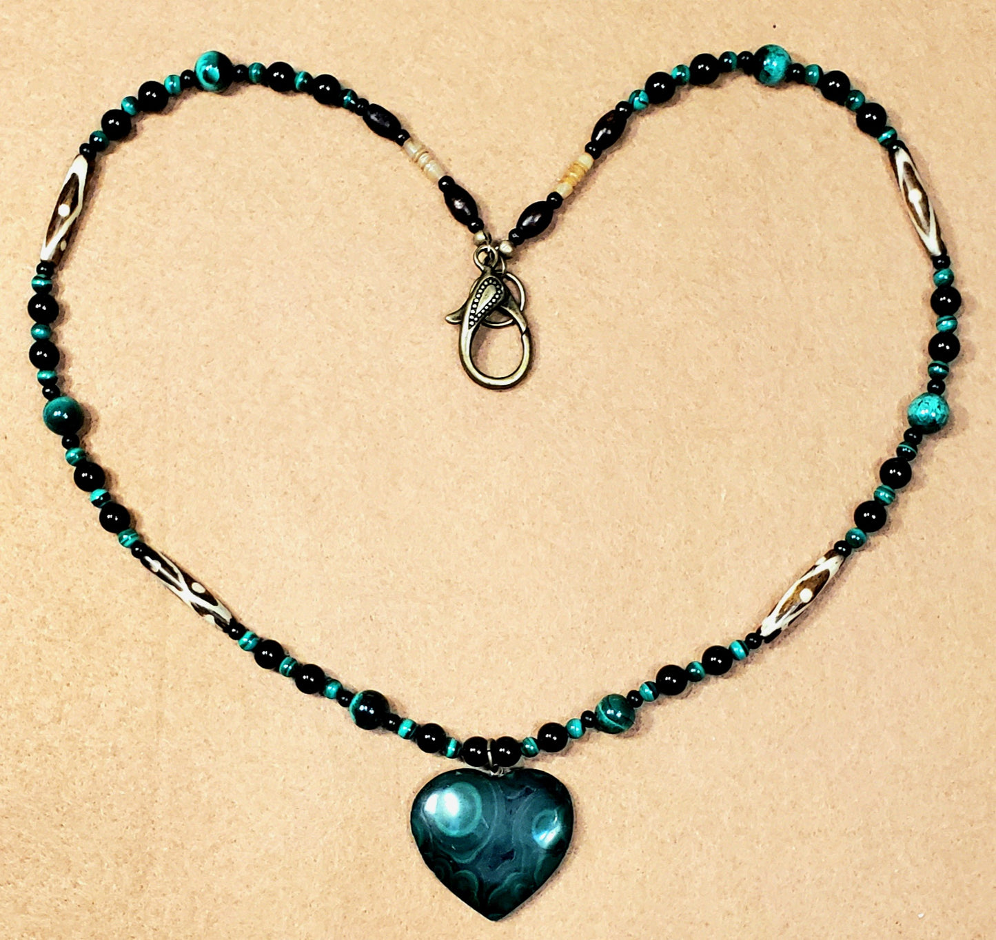Malachite Heart Pendant:  Black Tourmaline & Bone