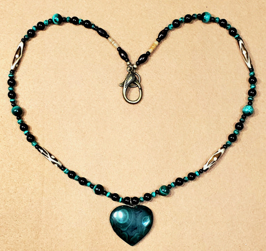 Malachite Heart Pendant:  Black Tourmaline & Bone