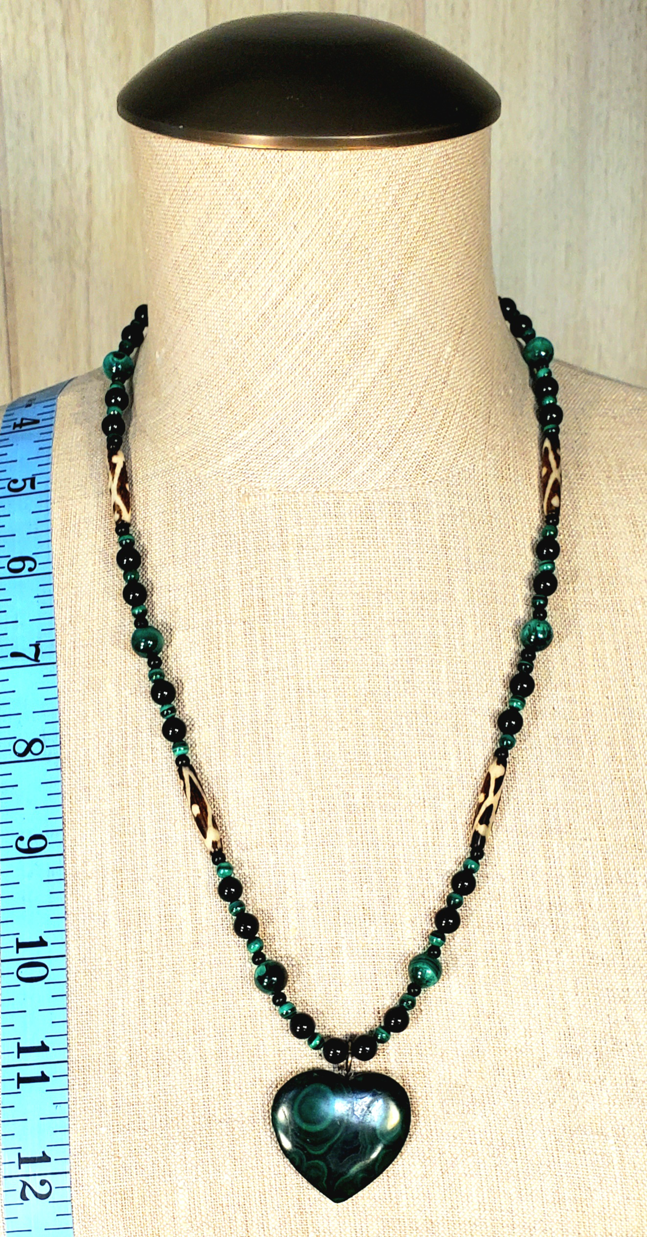 Malachite Heart Pendant: Black Tourmaline & Bone