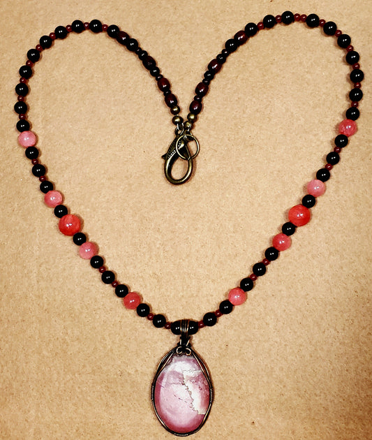 Rhodochrosite Cabochon:  Black Tourmaline, Rose Quarts & Carnelian