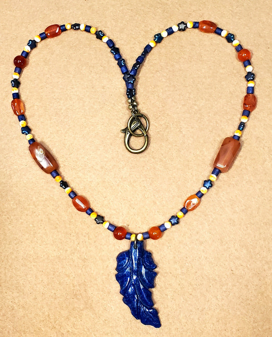 Lapis Leaf Pendant: Carnelian, Oyster Shell  & Reed.