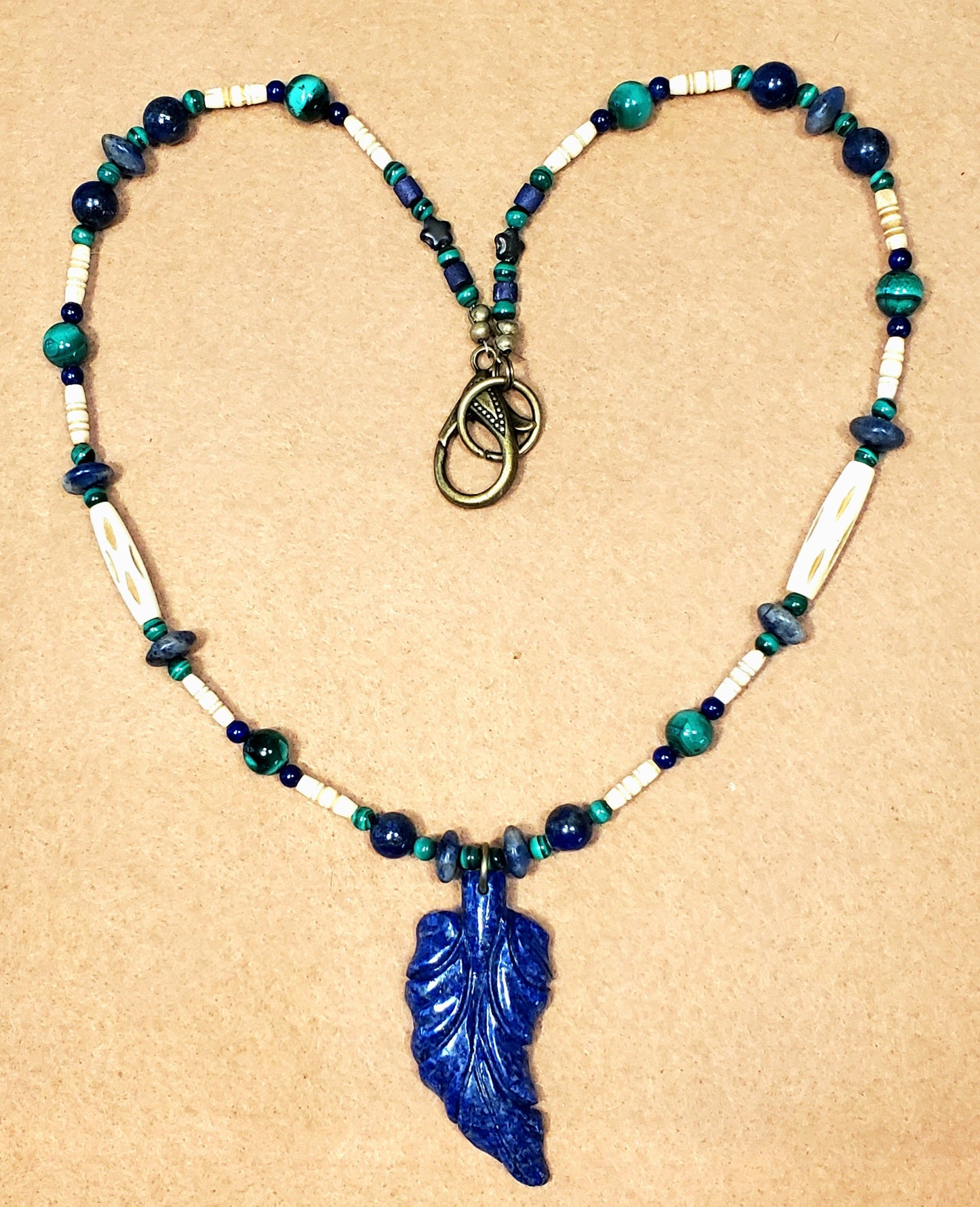 Lapis Leaf Pendant: Malachite, Sodalite, Blue Tiger Eye & Bone