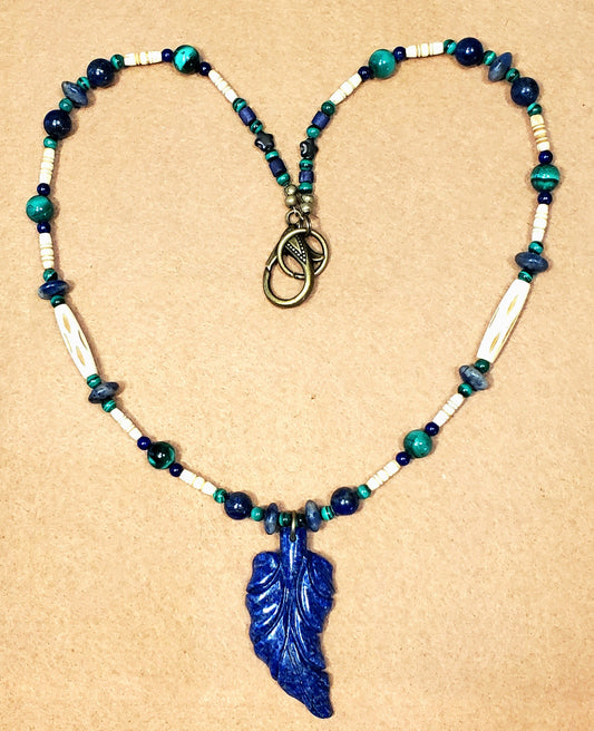 Lapis Leaf Pendant: Malachite, Sodalite, Blue Tiger Eye & Bone
