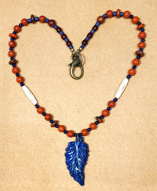Lapis Leaf Pendant: Red Tiger Eye, Red Jasper, Azurite & Bone
