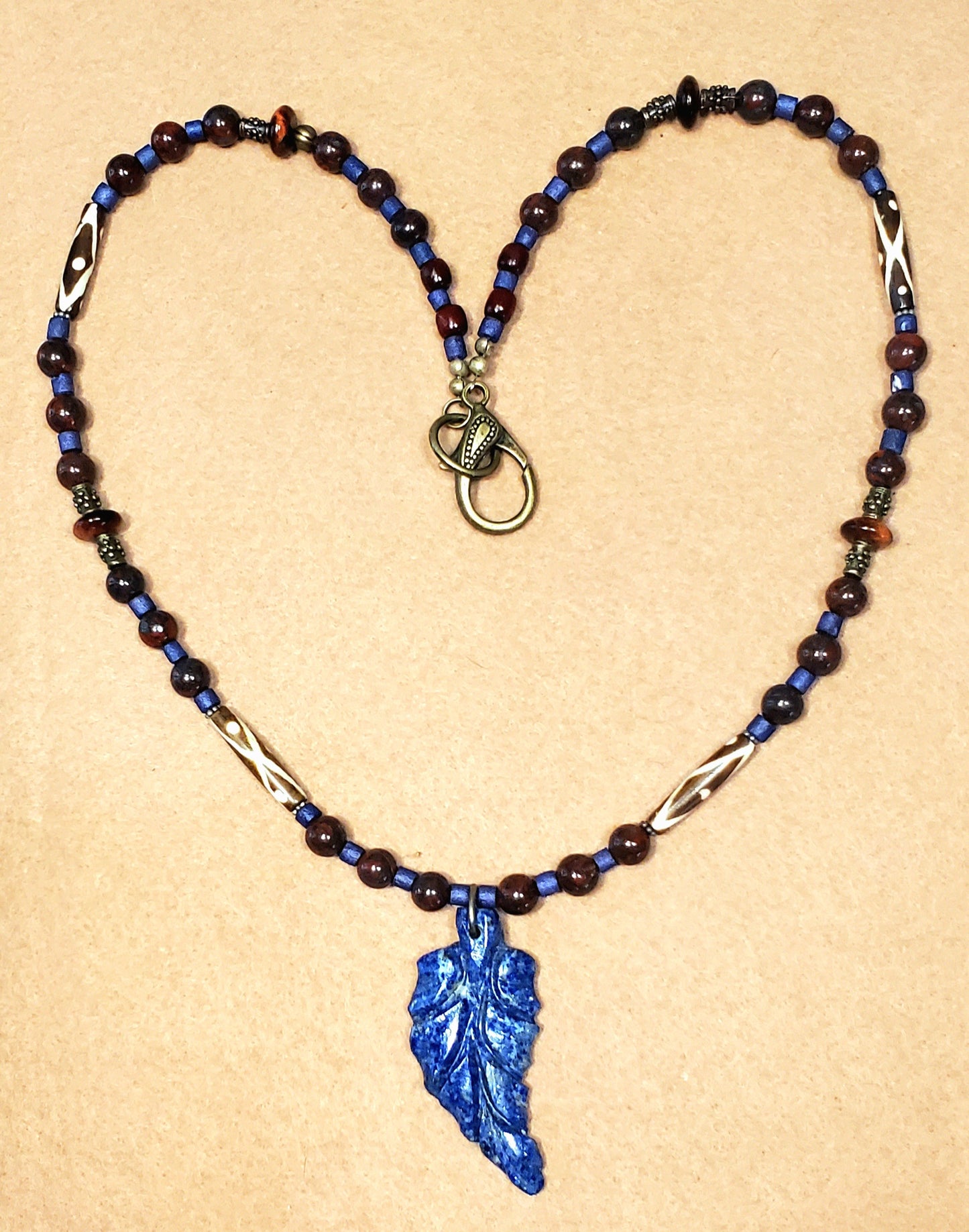 Lapis Leaf Pendant: Bone, Red Jasper  & Red Tiger Eye