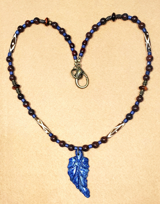 Lapis Leaf Pendant: Bone, Red Jasper  & Red Tiger Eye