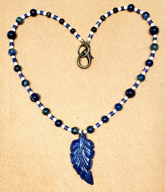Lapis Leaf Pendant: Malachite-Azurite, Lapis, Bone & Reed