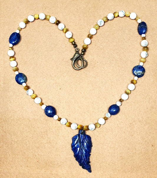 Lapis Leaf Pendant: Yellow Tiger Eye, Howlite & Lapis