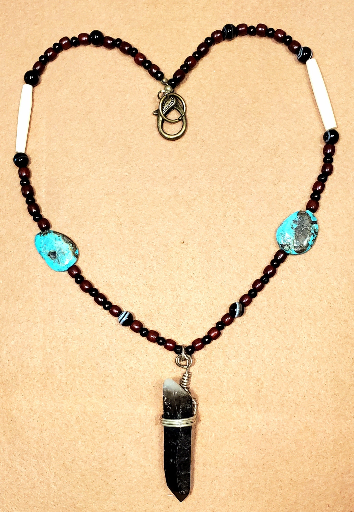Smokey Quarts Point: Vintage Turquoise, Black Onyx & Bone