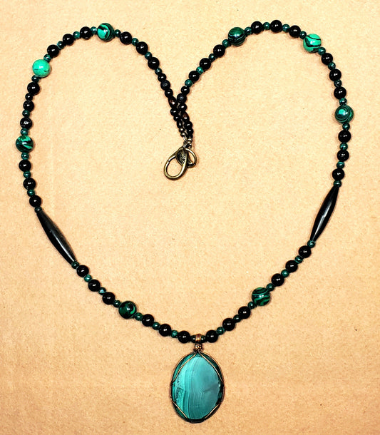 Malachite Cabochon: Malachite Black Tourmaline & Bone