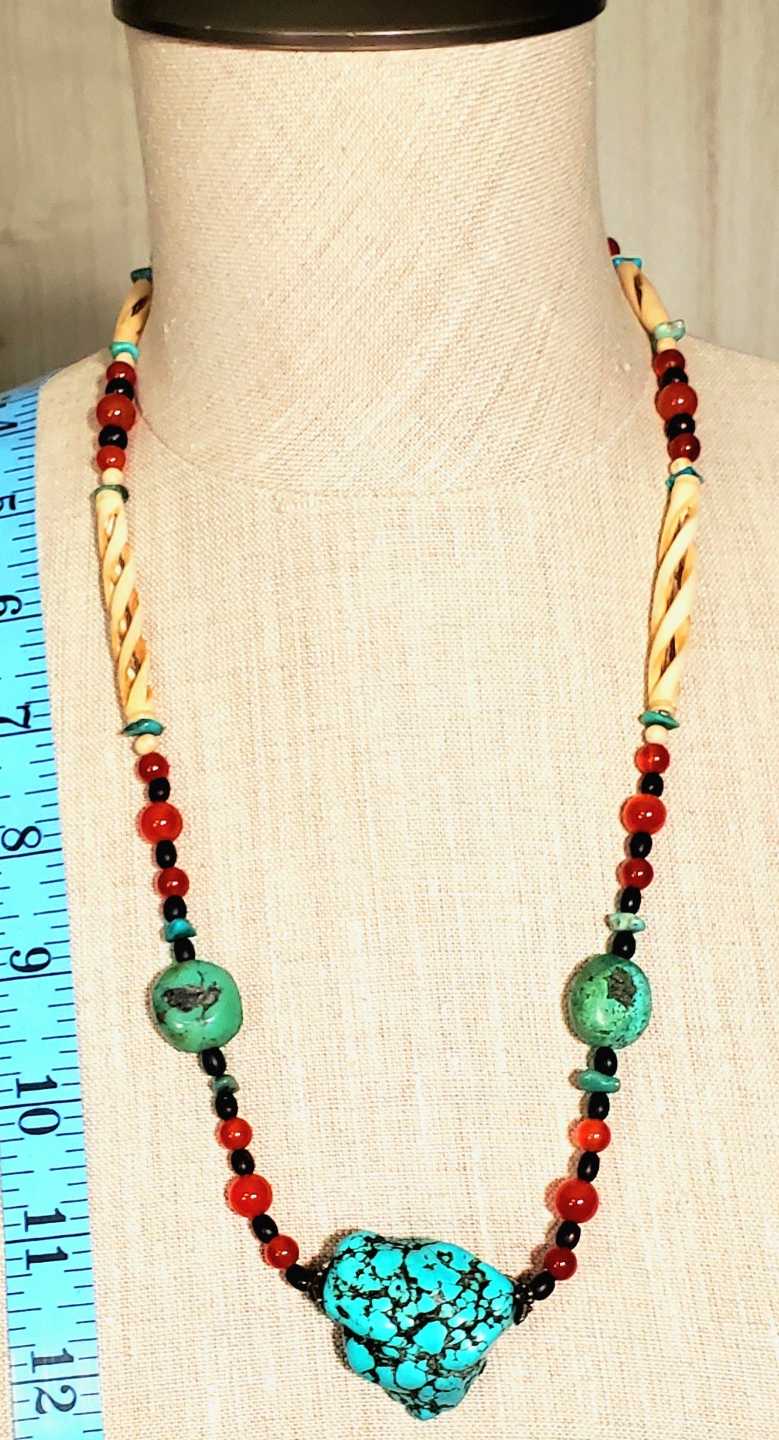 Turquoise Nugget (Large):  American Green Turquoise, Carnelian, Seed, Buffalo & Ox Bone
