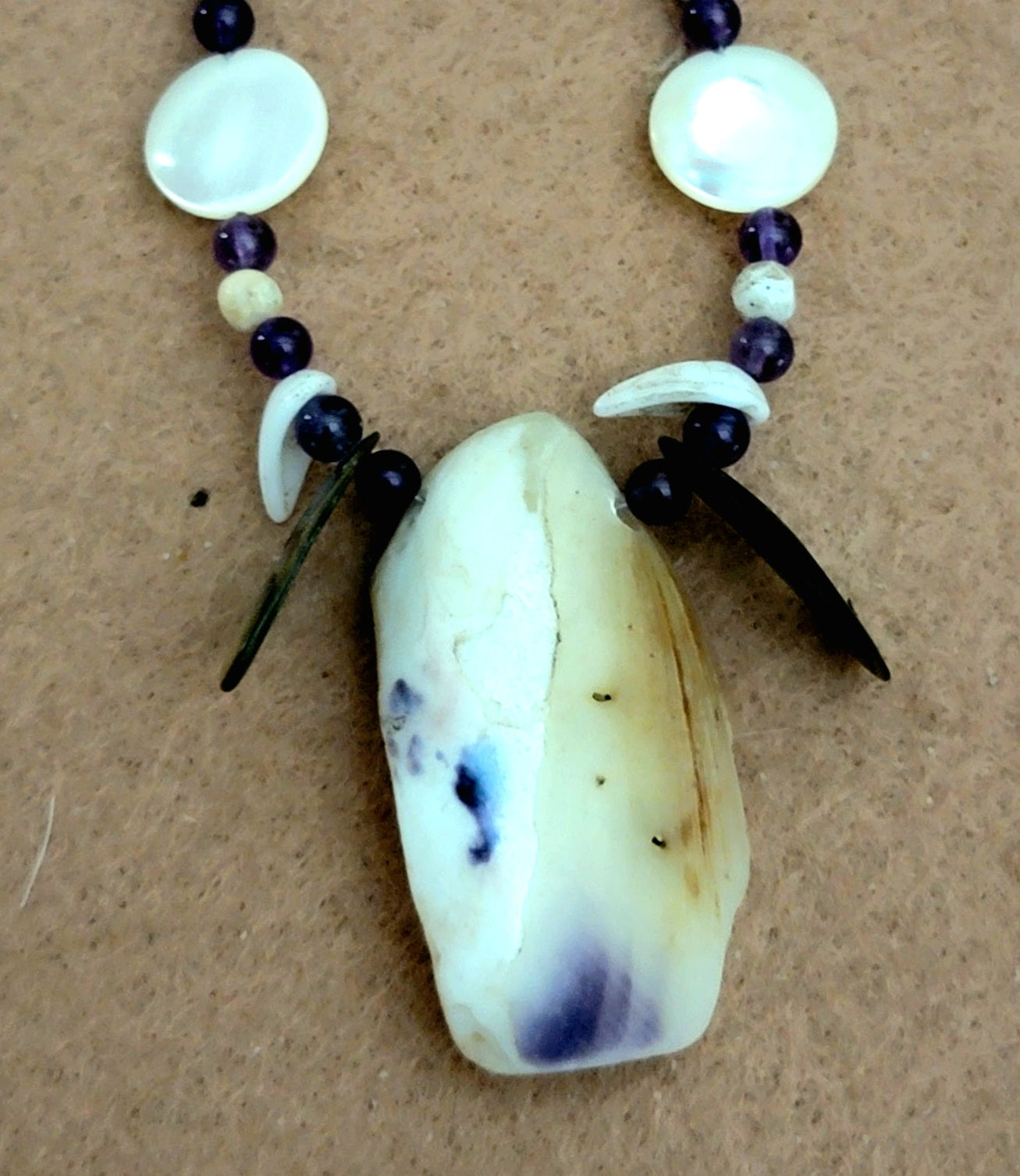 Shell Pendant: Amethyst, Abalone, Shell, Bone & Reed