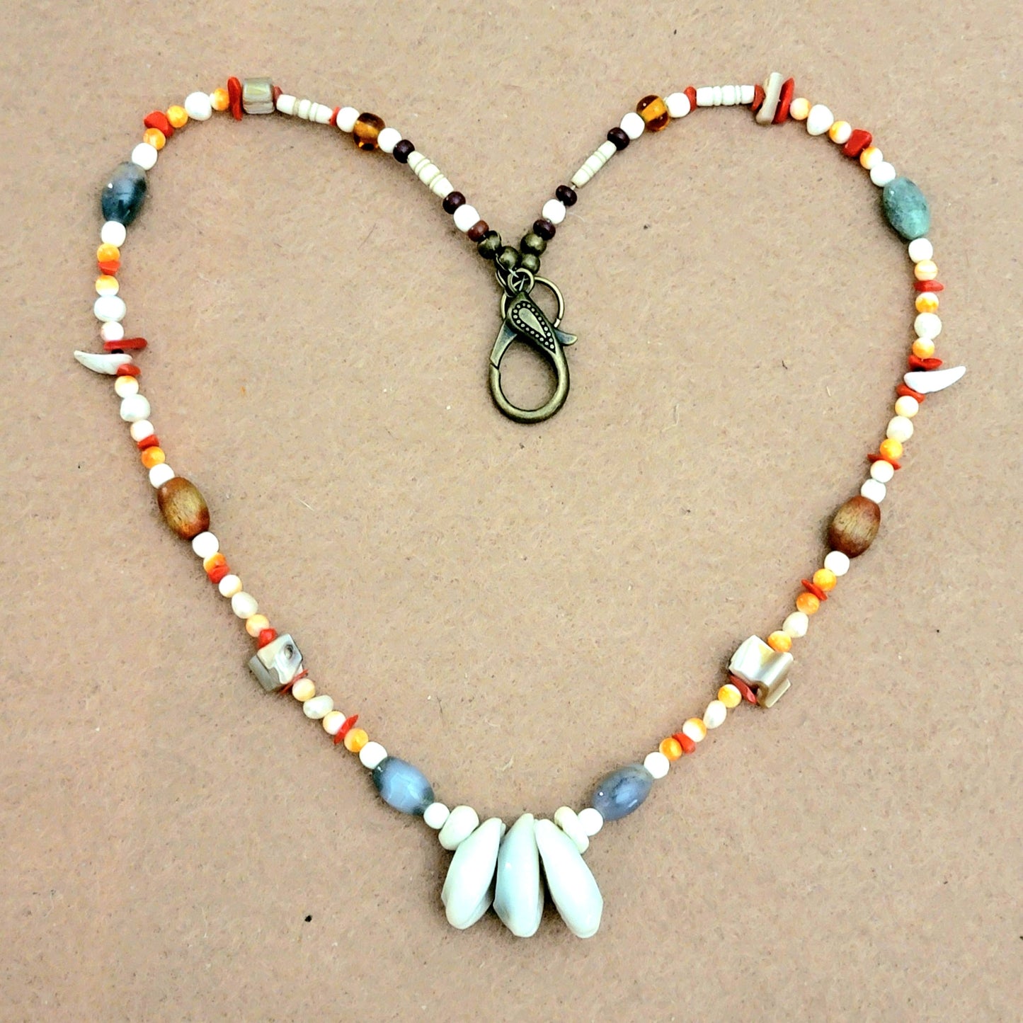 3 Shell Necklace: Abalone, Agate, Oyster Shell, Bone, Coral & Pearl