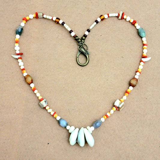 3 Shell Necklace: Abalone, Agate, Oyster Shell, Bone, Coral & Pearl