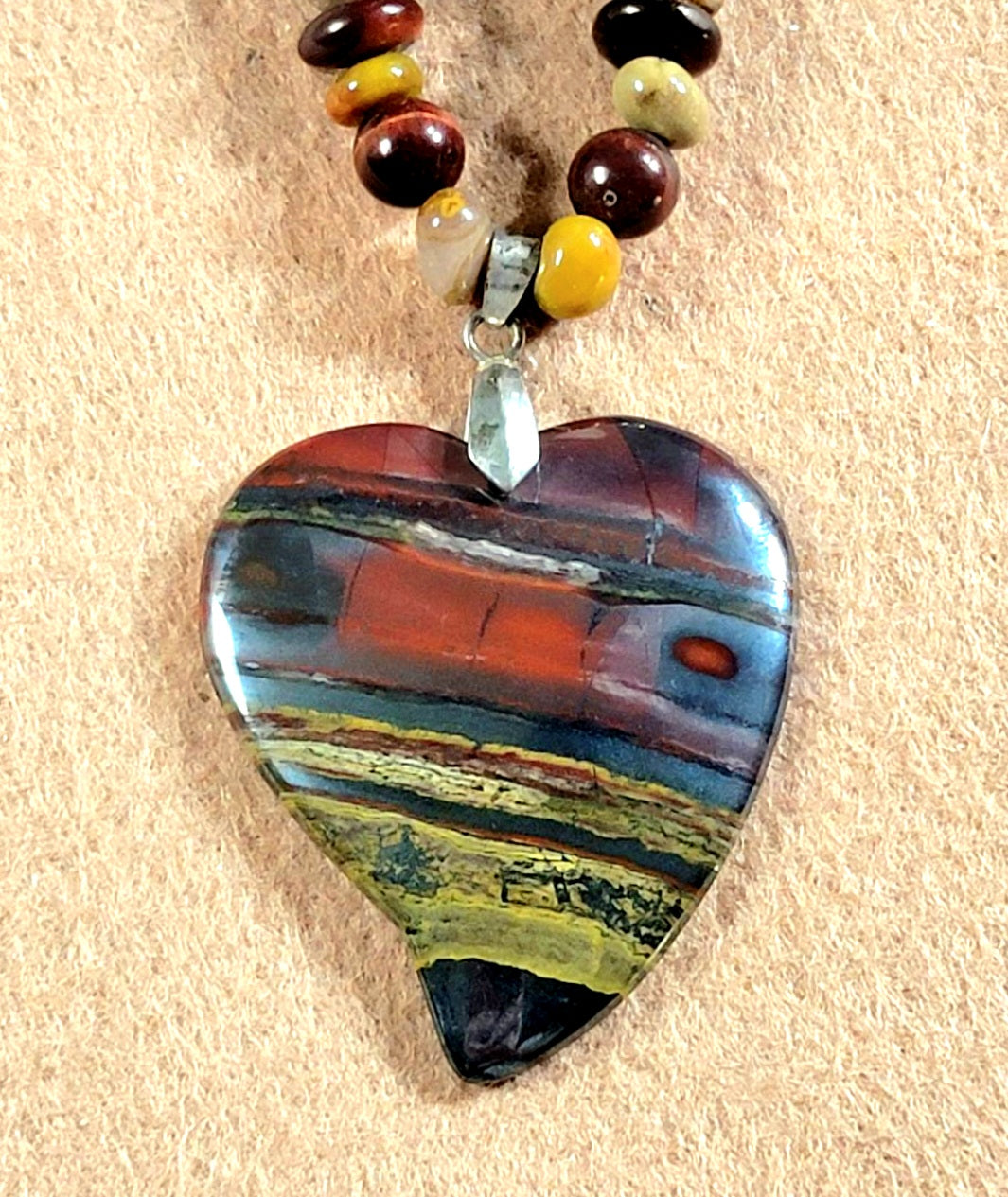 Petrified Heart Pendant:  Red Tiger Eye & Agate
