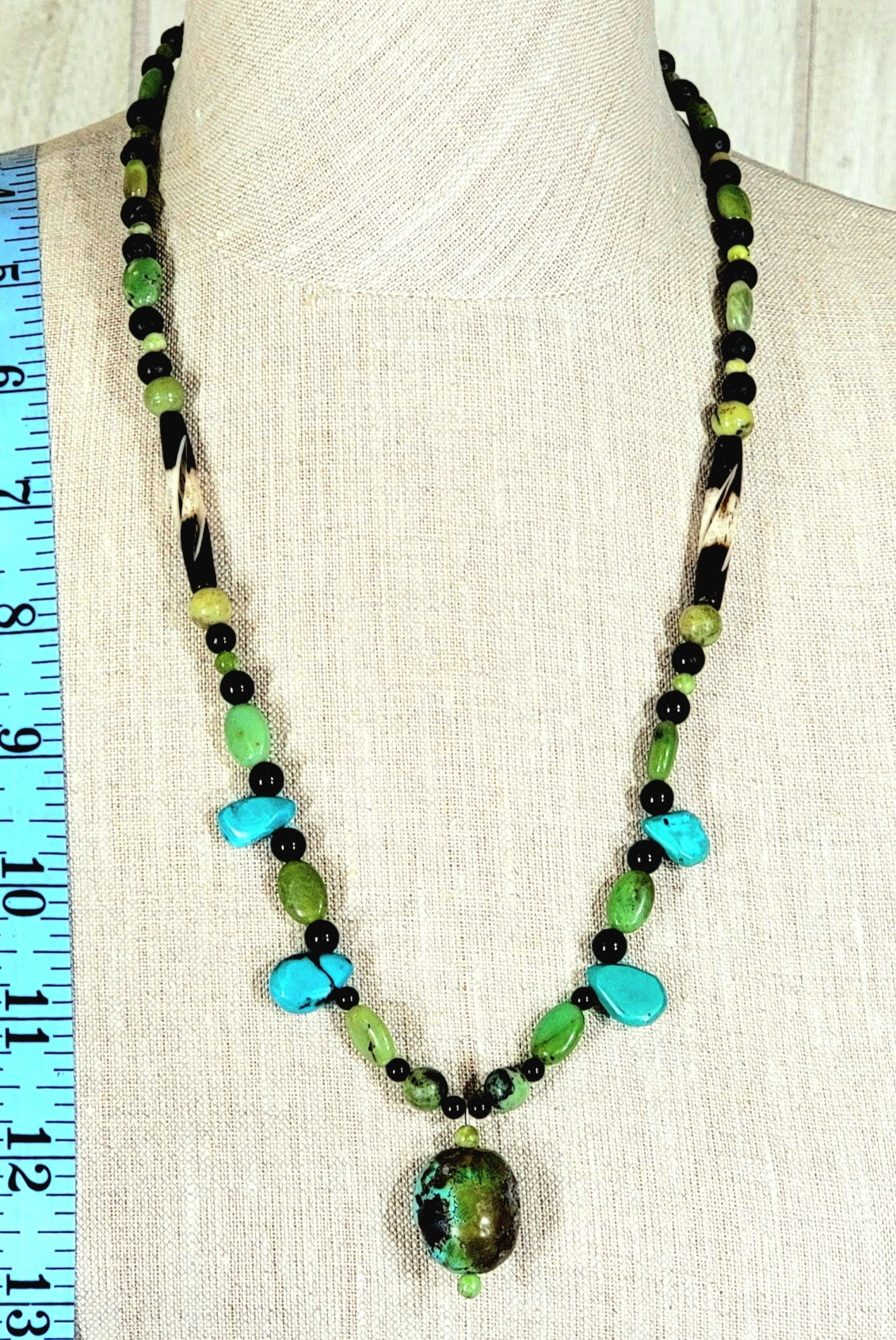 Turquoise Bead:  Black Tourmaline, Chrysoprase, Lava & Bone