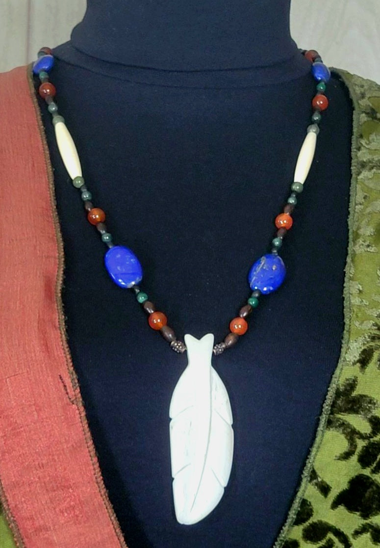 White Feather Pendant:  Aventurine, Malachite, Carnelian, Lapis, Lava & Bone