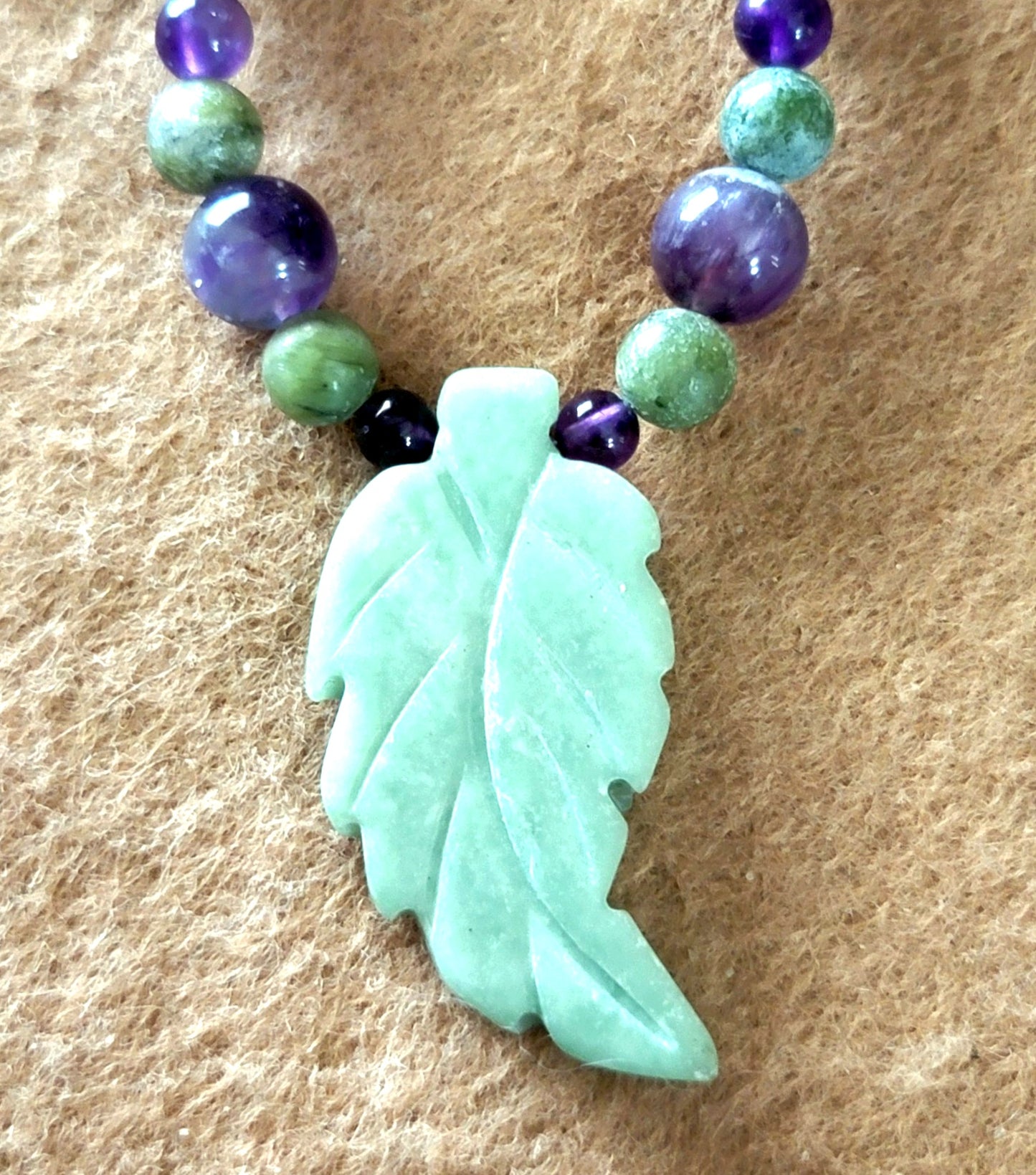 Agate Leaf Pendant: Amethyst, Jade & Bone