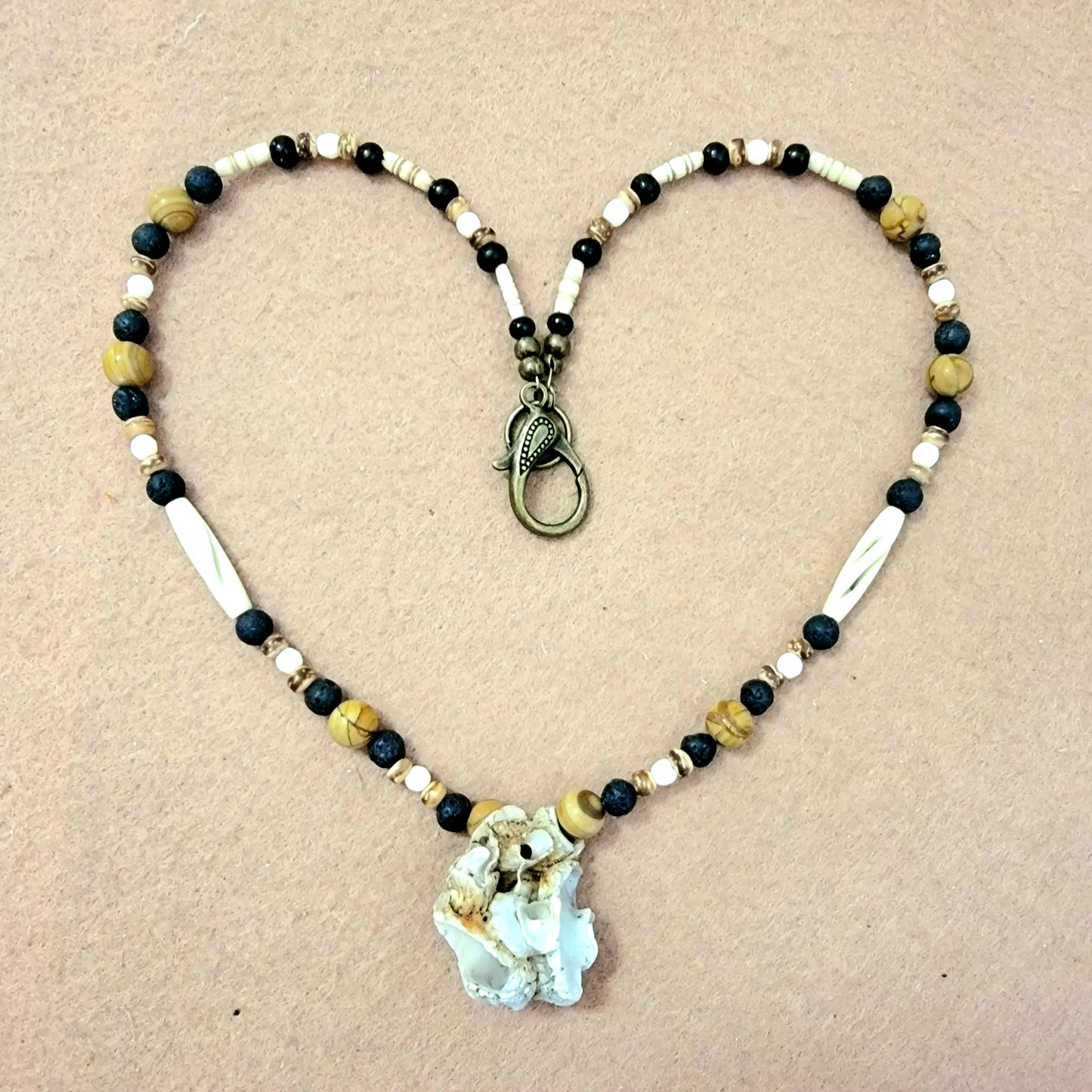 Coral Pendant: Coral, Lava, Bone, Seed, Wood & Desert Jasper