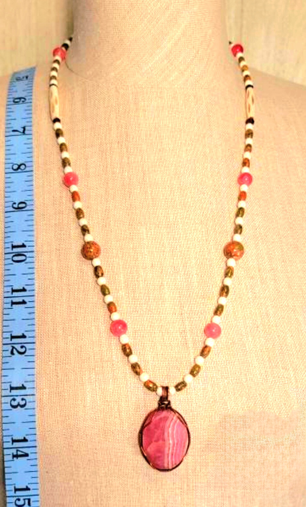 Rhodochrosite Cabochon. Unakite, Rose Quartz, Garnet & Bone