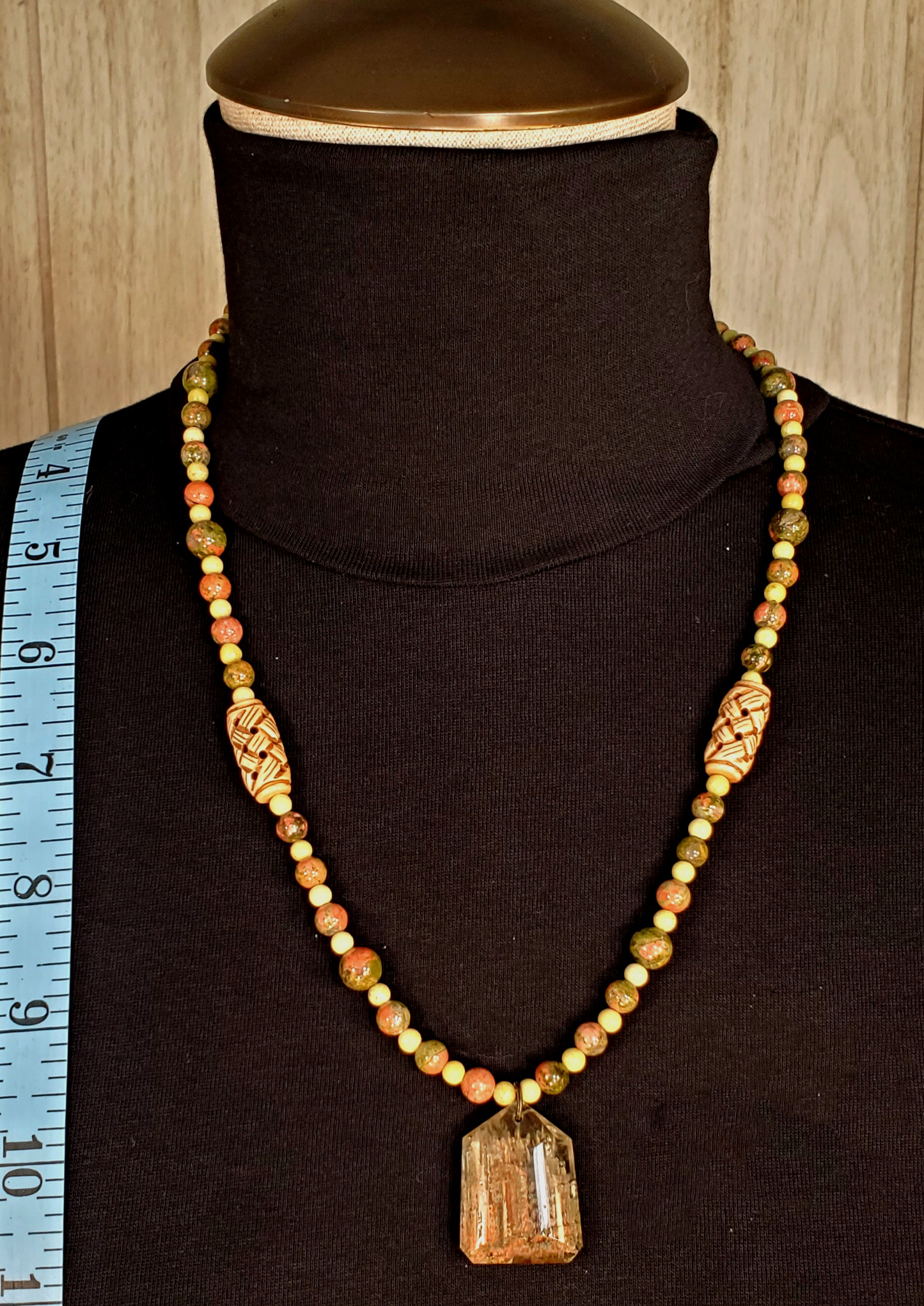 Rutilated Quarts Pendant: Yellow Turquois, Unakite & Bone