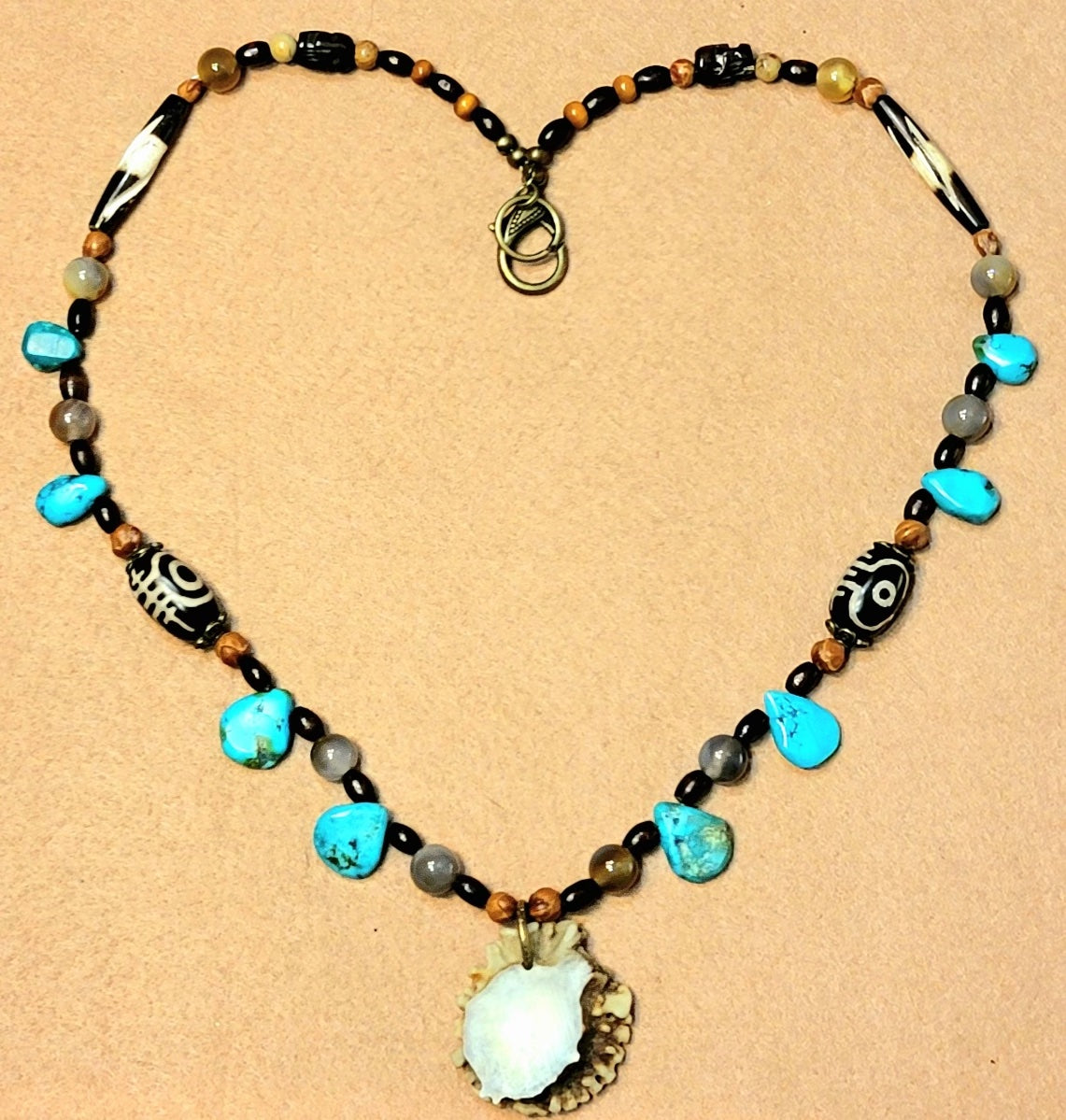 Antler Button:  Turquoise, Agate, Bone & Seed