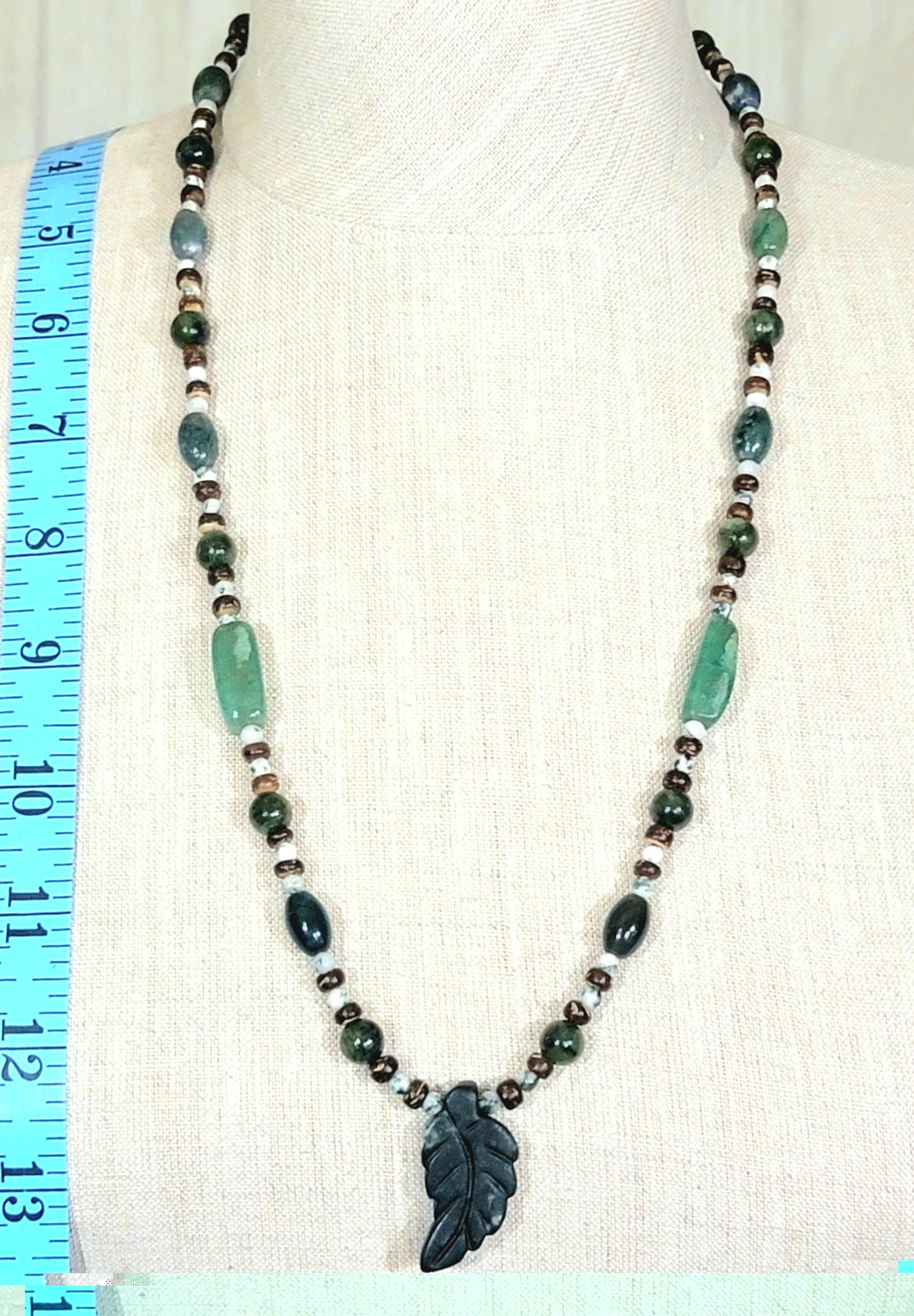 Agate Leaf Pendant:  Green Agate, Moss Agate, Jasper & Wood