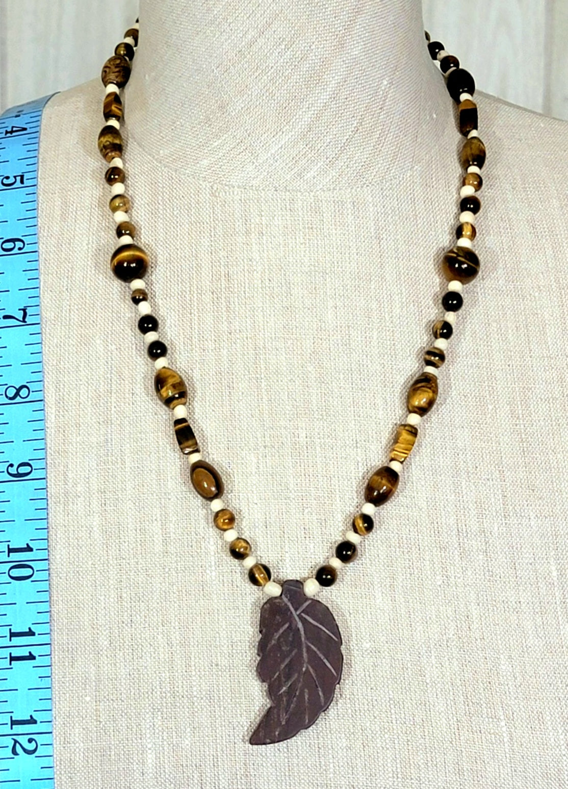 Agate Leaf Pendant: Tiger Eye & Bone