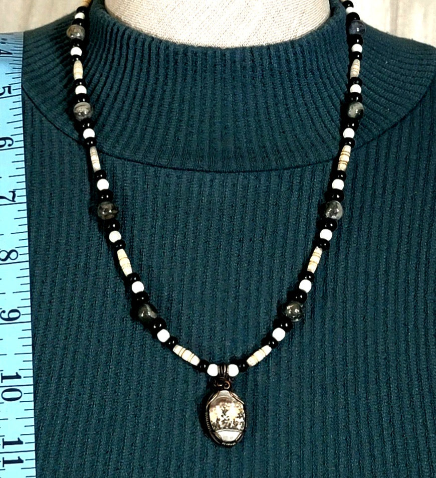 Silver Lacy Onyx Pendant:  Pyrite & Bone